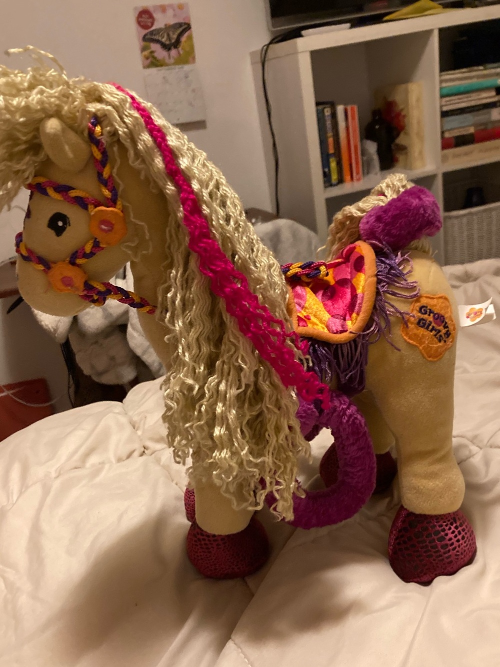Plush Pony Toy in Cream and Pink with Colorful Saddle